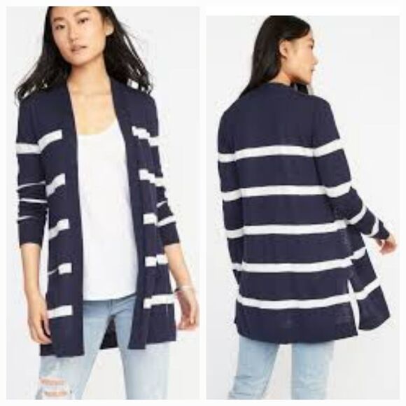 Old Navy Nautical Navy Stripe Long-Line Open-Front Sweater Cardigan Sailor Style - Picture 2 of 10